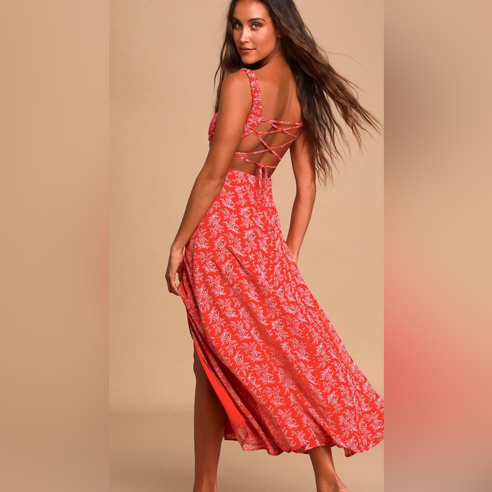 Lulus red pattern lace up backless dress